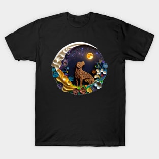 Chocolate Brown Labrador Retriever Dog in Space Full Moon Glowing Planets Stars Art T-Shirt